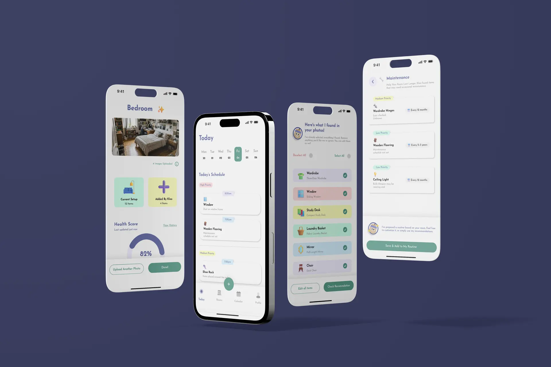 KLEO room organisation app screens