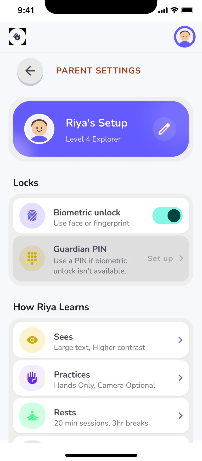 Parent — Riya's setup — Accessibility, practice and rhythm controls for guardians.