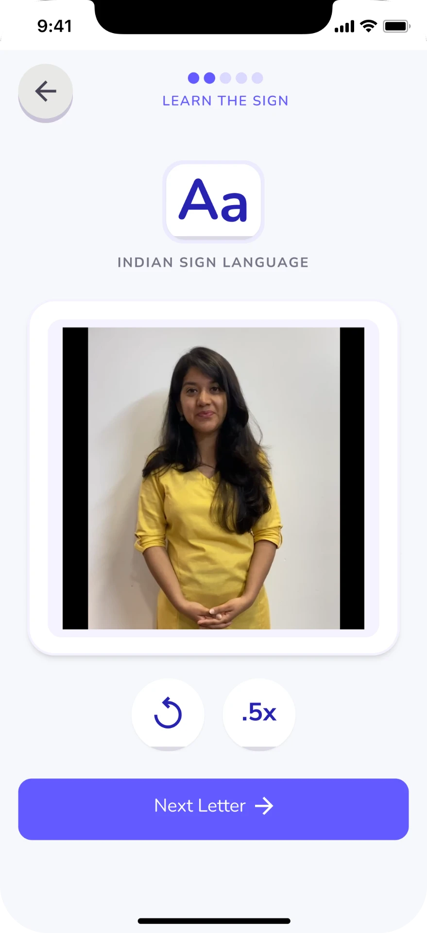 Lesson — letter A — Written symbol, meaning and ISL demonstration in one view.