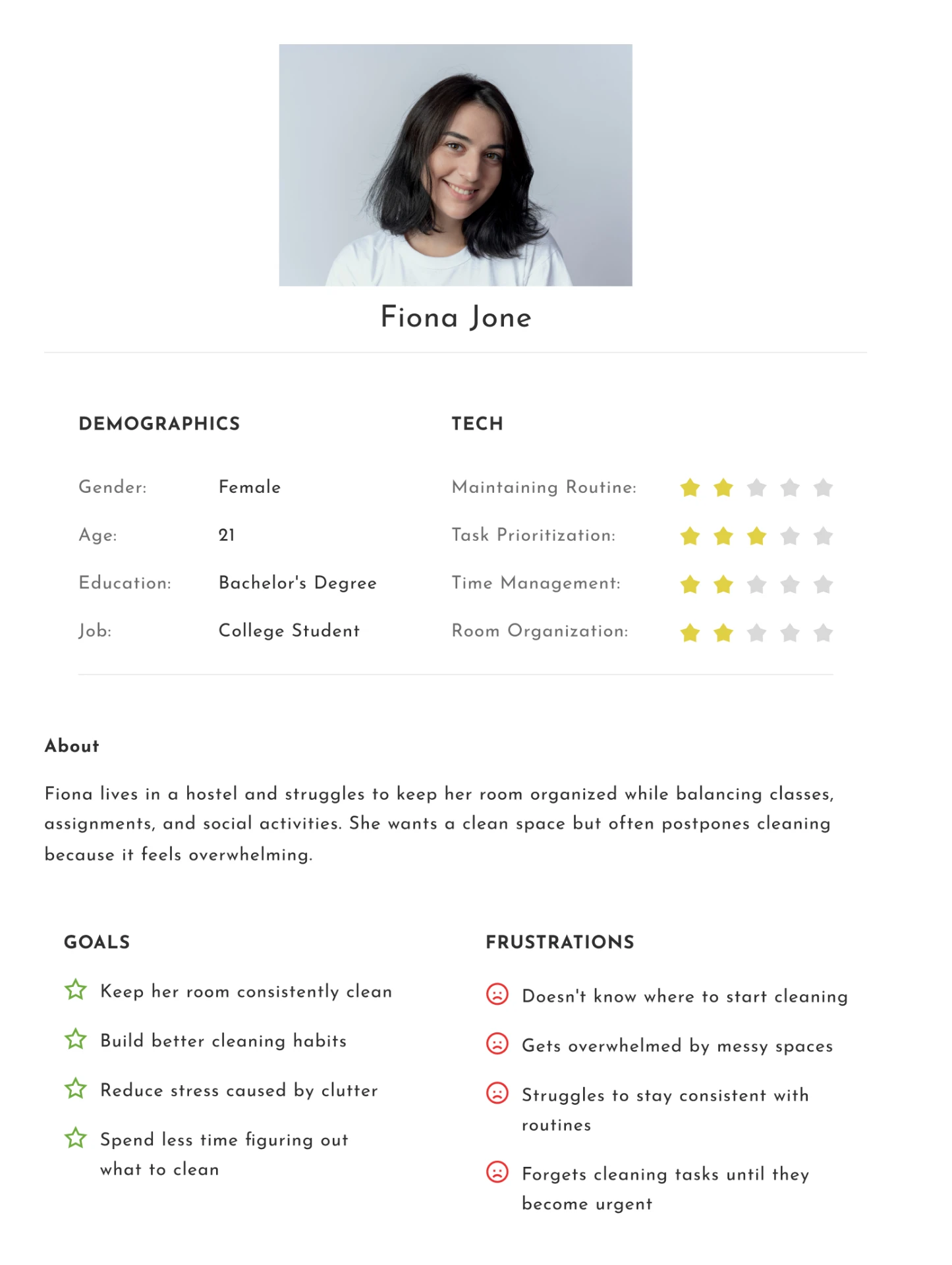 Fiona Jone — 21, college student persona sheet