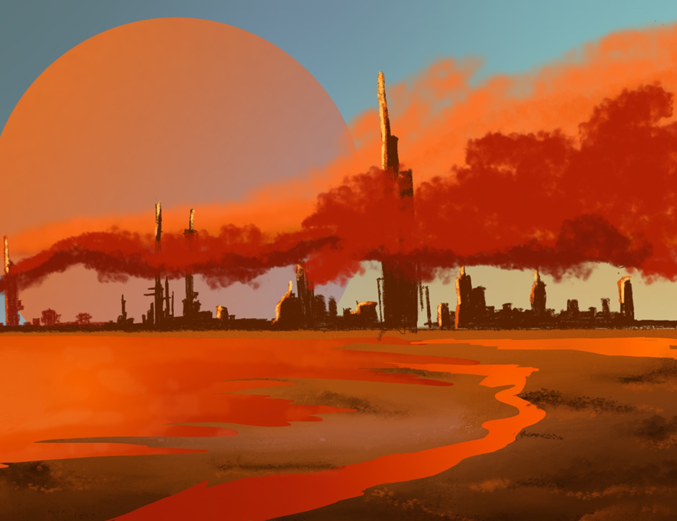 Digital painting of an industrial skyline under an orange sun