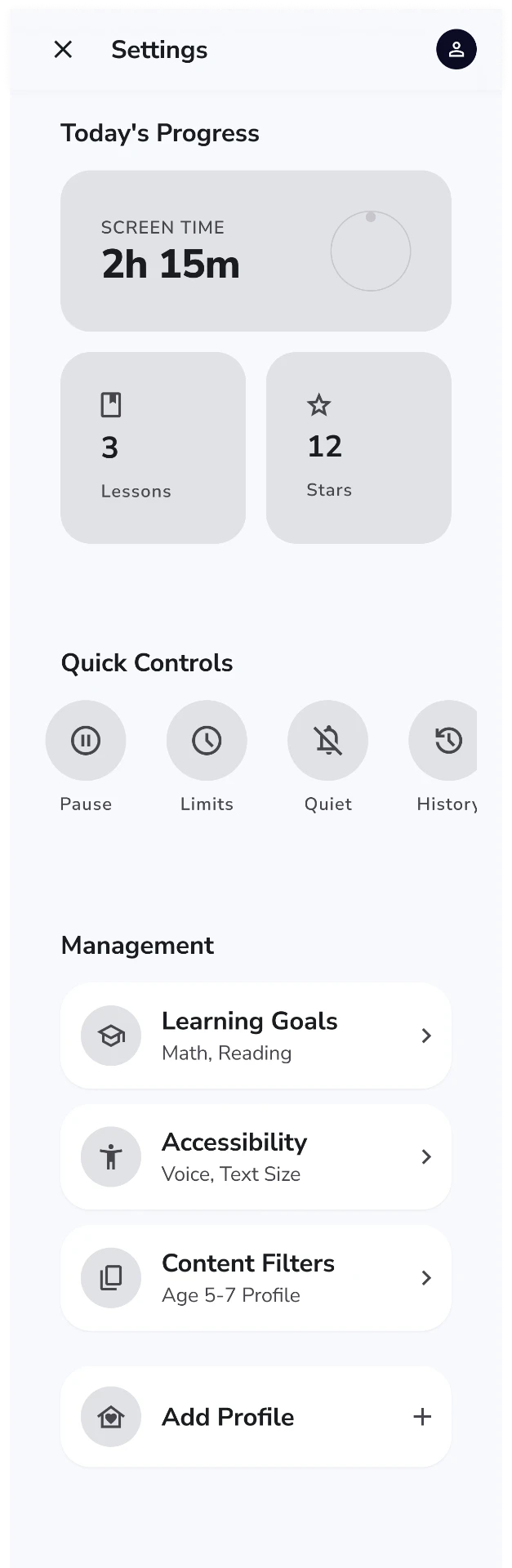 Wireframe — Parent dashboard