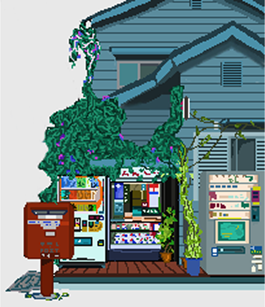 Pixel art scene of vending machines outside a Japanese house