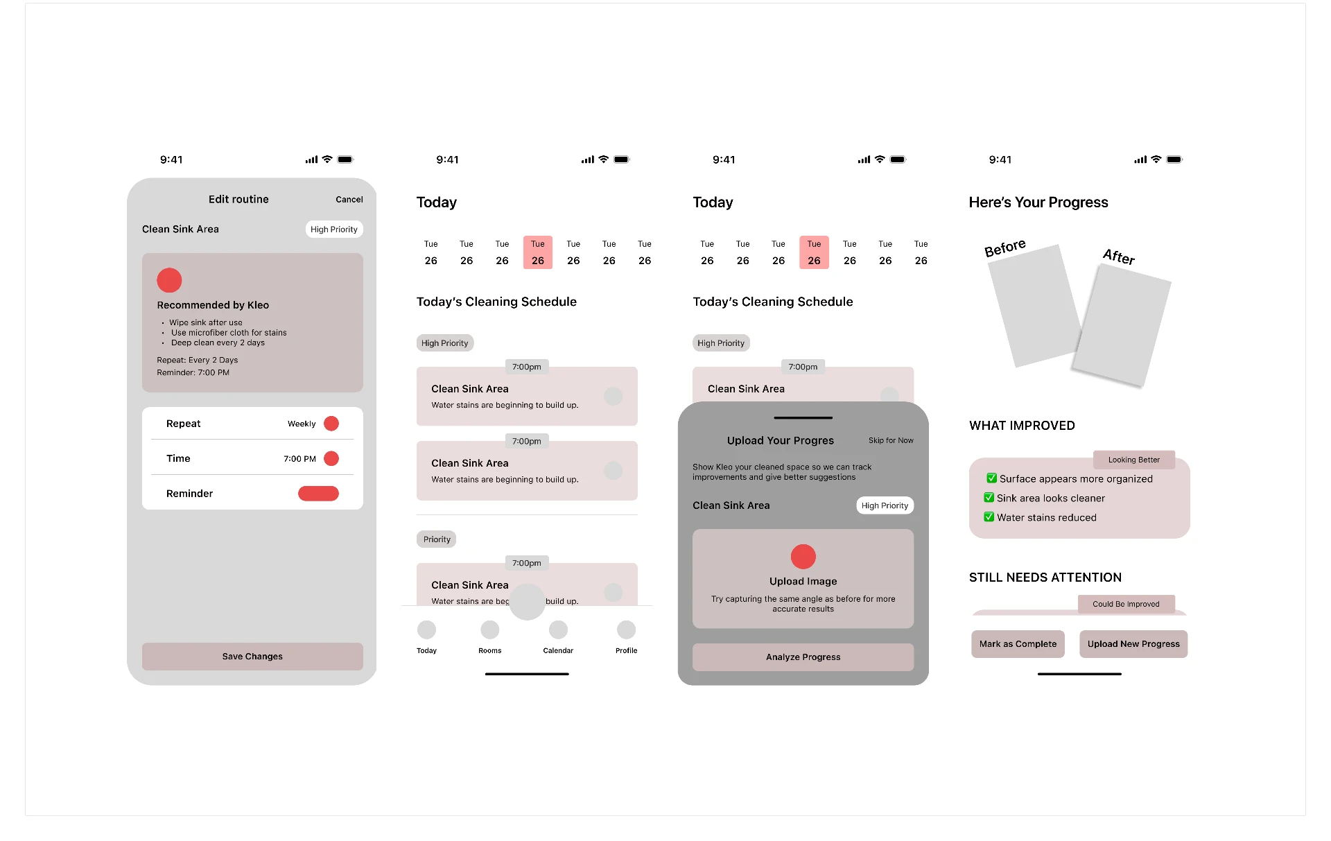 Kleo — Dashboard, Today and uploading a task