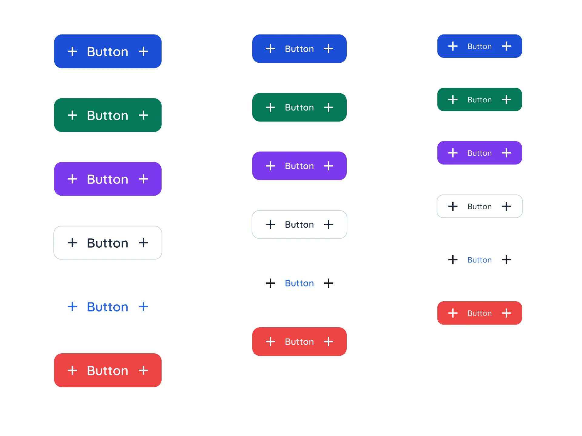 Kinetic Academy button variants — primary, success, purple, outline, ghost and danger in three sizes