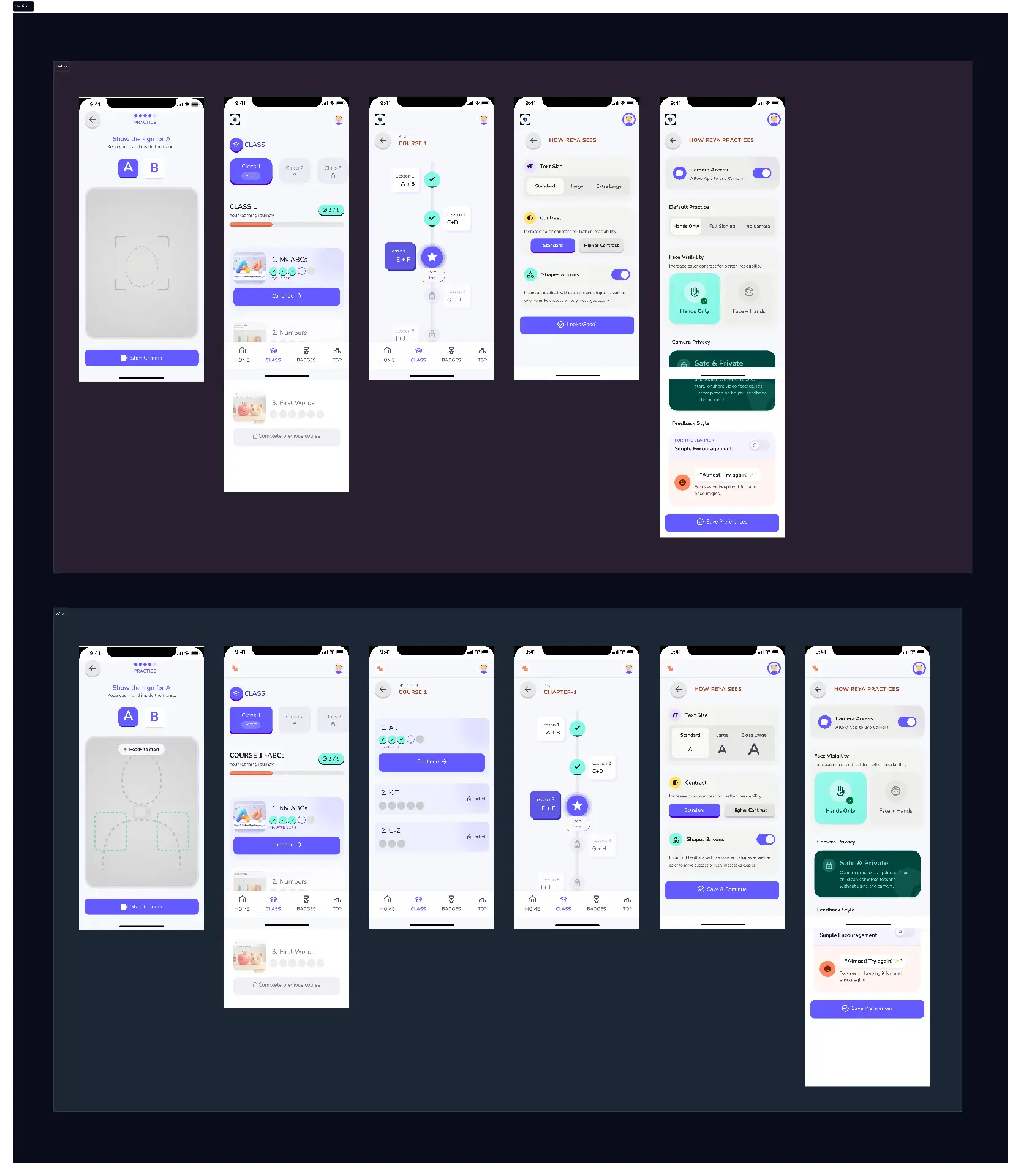 Before and after screens for camera guidance, course structure, accessibility, and hands-only interaction