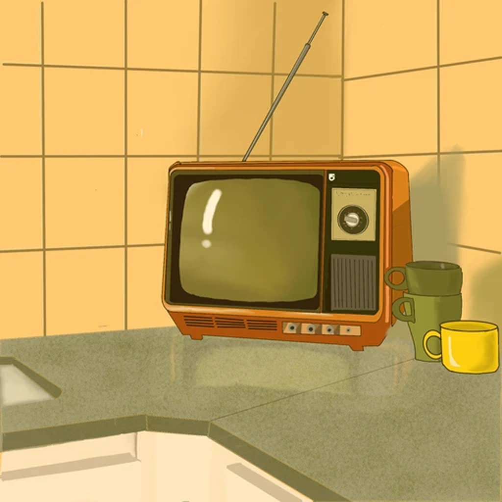 Digital illustration of a retro television on a kitchen counter