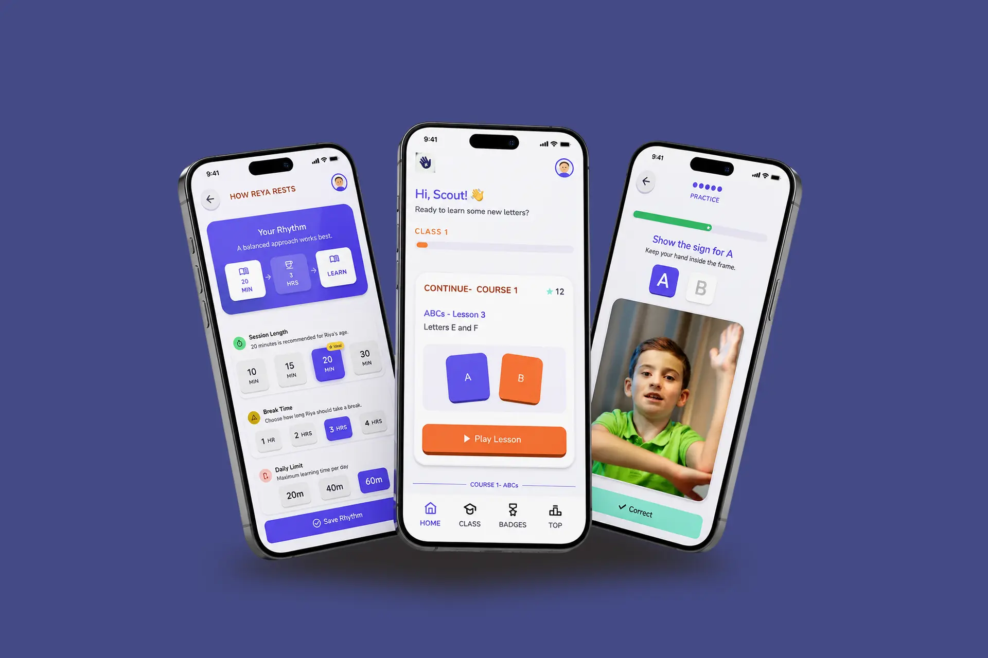SIGNA sign-language learning app screens